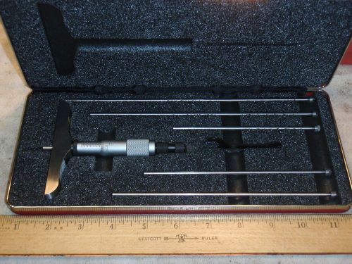 Starrett 0-6&#034; depth micrometer set   model #445 4&#034; base excel/ mint condition for sale