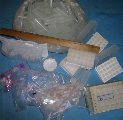 Assorted Lab Plasticware vials, tubes, racks