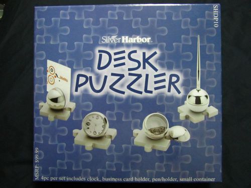 Silver Harbor desk set &#034;Desk Puzzler&#034; - pen, clock, card holder, small container