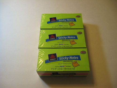 3 Pack Avery Perforated Neon Sticky Notes 3x3 Inches 3240 Sheets (Ave22649)
