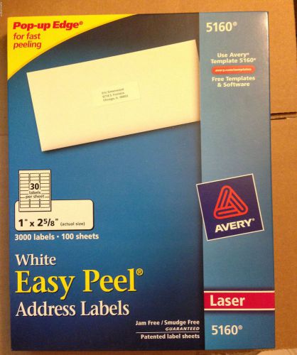 Avery Dennison 5160 Laser Labels, Mailing, 1 in.x2-5/8 in., 3000/BX, White