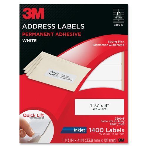 3M Address Labels with Quick Lift Design for Inkjet Printers  White  1 1/3 x 4 I