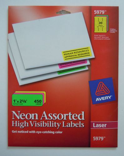 AVERY 5979- NEON ASSORTED HIGH VISIBILITY LABELS - 450 LABELS - 1&#034;x2 5/8&#034;