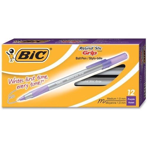 BIC Round Stic Comfort Grip Pen  - Purple Ink - Frost Barrel - 12 / PK
