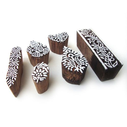 Hand crafted ganesha &amp; floral designs wooden printing blocks (set of 6) for sale
