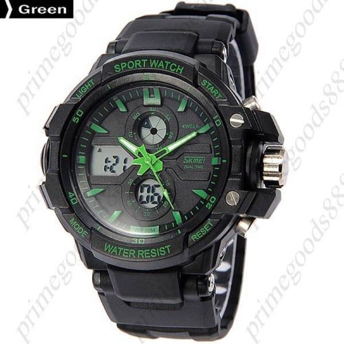 2 Time Zone Zones Silicone Date Digital Analog Quartz Men&#039;s Wristwatch Green