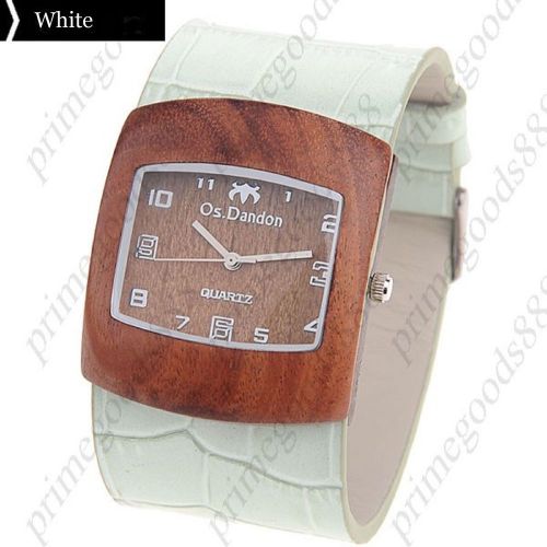Square Wood Wooden PU Leather Lady Ladies Wrist Quartz Wristwatch Women&#039;s White