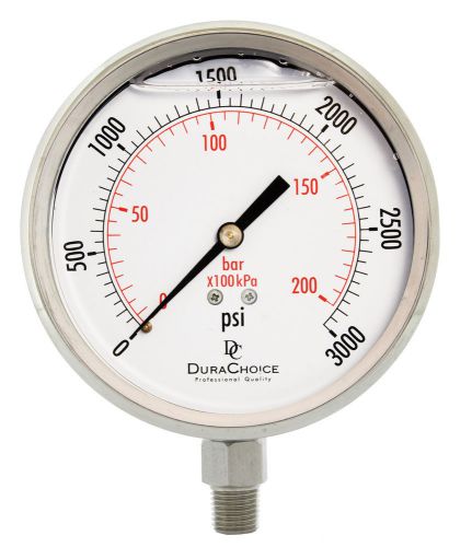 4&#034; all stainless steel oil filled pressure gauge - 1/4&#034; npt lower mount 3000psi for sale