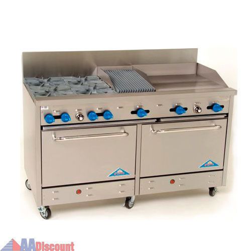 New comstock castle 60&#034; range 6 burners 1 24&#034; charbroiler 2 ovens gas f3226-2rb for sale