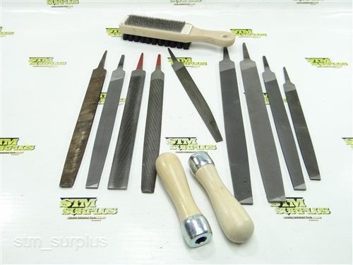 Nice lot of 9 hand files 10&#034; to 14-1/2&#034; with 2 new handles &amp; brush nicholson for sale