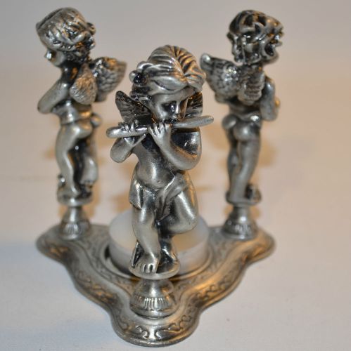 Cast Iron Silver Candle Holder with 3 Angels Playing Music