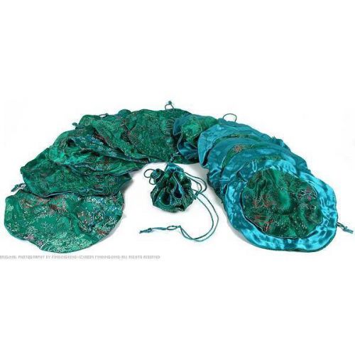 12 Green Brocade Chinese Jewelry Drawstring Bags 10&#034;