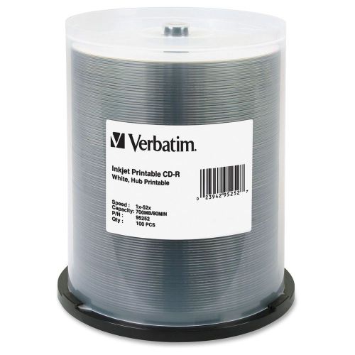 Verbatim CD-R 700MB 52X White Inkjet Printable, Hub Printable - 100pk Spindle -