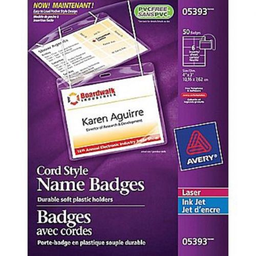 Avery Cord Style Name Badges 05393 Durable Soft Plastic Holders 50 Badges 4&#034;x3&#034;