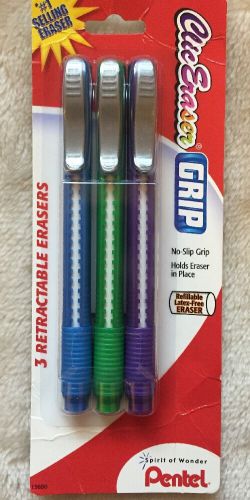 &#034;Pentel Clic Eraser Pencil-Style Grip Eraser, Assorted, 3/pack&#034;