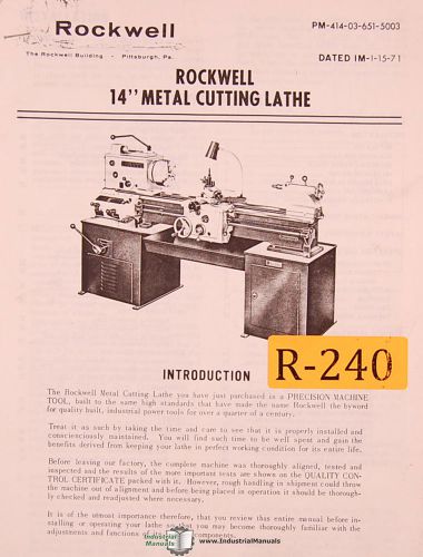 Rockwell 14&#034;, Maetal Cutting Lathe, Operations Maintenance and Parts Manual 1971