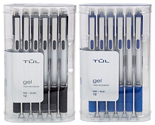 TUL Retractable Gel Pens 0.5mm Fine Point, Black/Blue Bundle (2 12-packs)