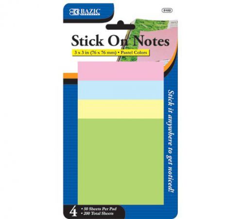 BAZIC Stick On Notes 3 x 3 Inch, (76 x 76mm) Pastel colors 4 /Pack Free shipping