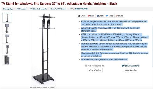 Tv stand , fits screens 32&#034; to 65&#034;, adjustable height, weighted - display 2go for sale