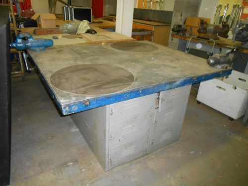 Metal covered butcher block table on storage lockers auto shop work bench tool for sale