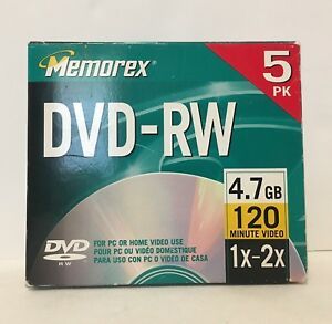 Memorex DVD-RW 5pk 1x 2x 4.7GB 120 Mins For Pc Or Home Video Recorder