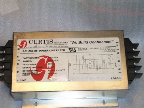 Curtis industries F3600T025 3 phase 600V 25A 50/60Hz  Delta/Y power line filter