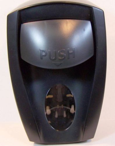 PUSHBUTTON WALL-MOUNT SOAP / LOTION DISPENSER BLACK PLASTIC 3 LANGUAGES