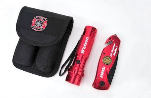 Personalized laser engraved firefighter rescue knife &amp; flashlight combo set for sale