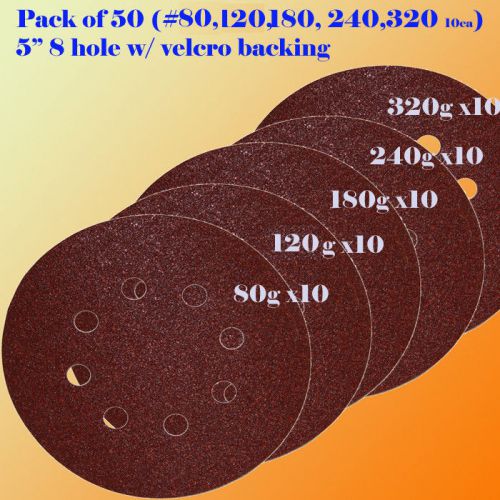 50x 5&#034; 8 Hole 80/120/180/240/320 Grit Sanding Disk Random Orbit  Loop Velcro in