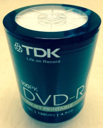 TDK 100 Pack DVD-R 4.7G 16x 120Min Inkjet White Hub Printable Wrap In Plastic