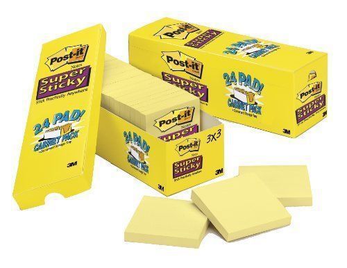 New Post-it Super Sticky Notes 3x3, 90 Sheets per Pad, 24 Pad Cabinet Pack/Box