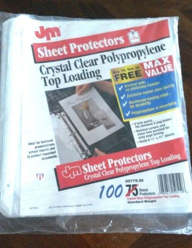 100 JM SHEET PROTECTORS 8 1/2 X 11 STANDARD WEIGHT 3 HOLE PUNCH CRYSTAL CLEAR