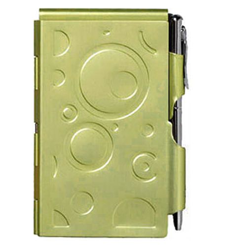 Wild green flip-open pocket notepad with retractable pen for sale