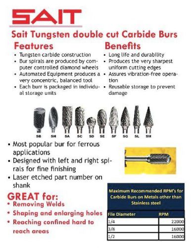 SAIT 45155 Tungsten Carbide Heavy Duty Die Grinder Bur SL3 3/8&#034; x 1-1/16&#034; 1/4&#034;