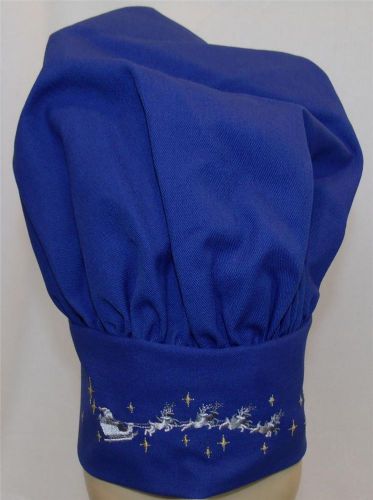 Santa Claus Flying Christmas Eve Reindeer Sleigh Chef Hat Royal Blue Embroidered