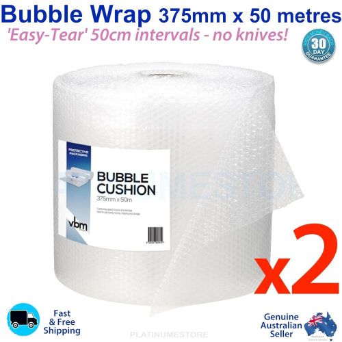 2 Bubble Wrap 50M x 375mm Rolls Perforated Bubblewrap Clear 10mm Air Bubbles