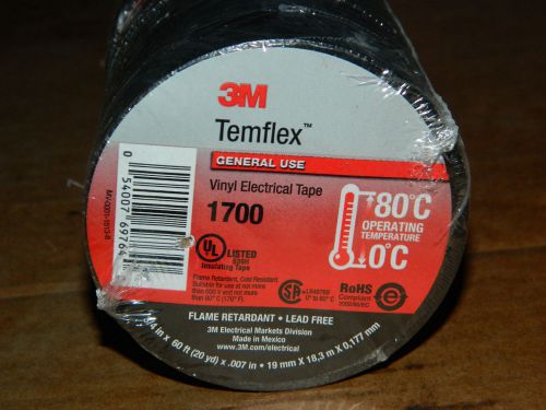 10 ROLLS 3M TEMFLEX 1700 VINYL ELECTRICAL TAPE 0-80 CELCIUS 3/4&#034; X 60&#039; 20 YD