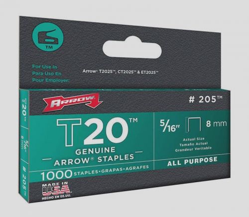 Box of 1000 #205 arrow t20 crown staples 5/16&#034; 8mm t2025 ct2025 et2025 staplers! for sale