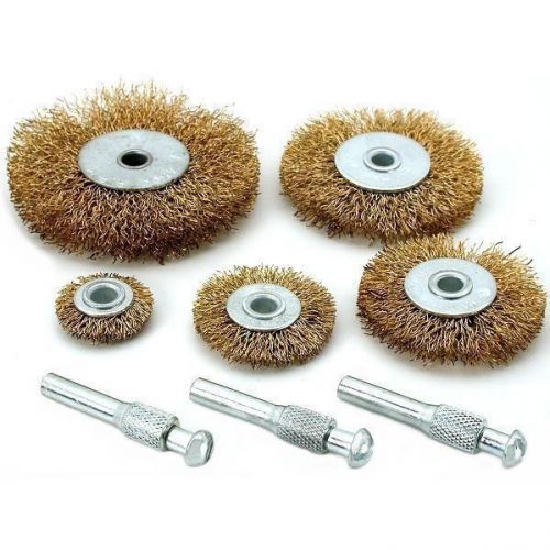 5 new brass plated steel wheel brushes &amp; 3 mandrels fits dremel jewelers tools for sale