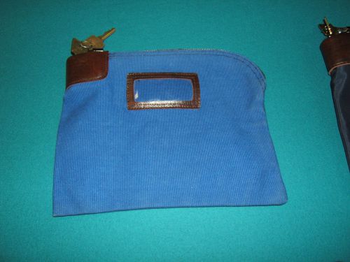 BANK DEPOSIT BAG~LOCKING &amp; COMES WITH TWO KEYS~BLUE CANVAS ~BROWN LEATHER~