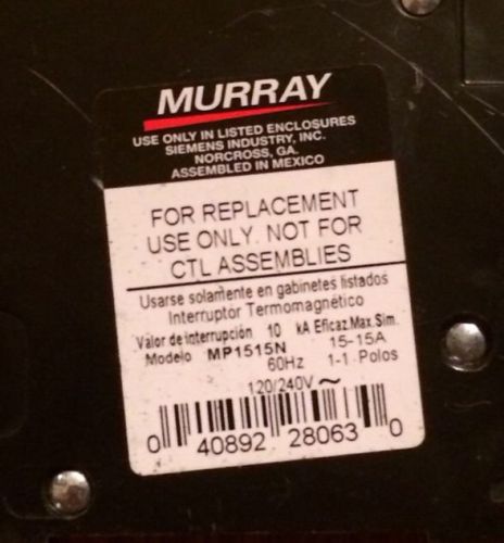 NEW Murray MP1515N Duplex 15 Amp 120/240V Plug-In Circuit Breaker Replacement