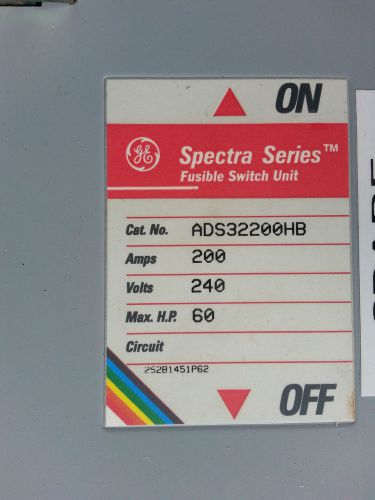 GE ADS32200HB SPECTRA SERIES FUSIBLE DISCONNECT SWITCH 200 AMPS 240V -
							
							show original title