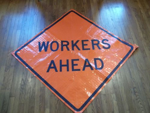 Workers ahead reflective marathon fluorescence roll-up orange sign 48&#034; l for sale