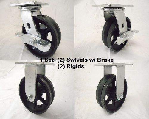 6&#034; x 2&#034; swivel caster 7/8&#034; v-groove iron steel wheel brake &amp; rigid 1000 lbs each for sale