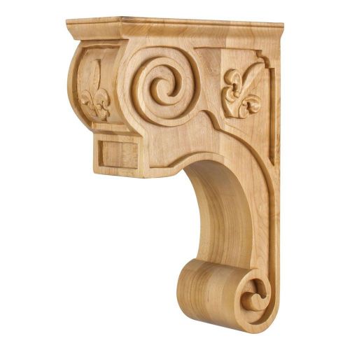 One- 3-3/8&#034; x 8&#034; x 11-3/4&#034; Hand-Carved Wood Corbel with Fleur-de-Lis