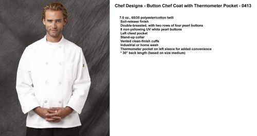New White Chef Designs 8 Pearl Button CHEF COAT Thermometer Pocket 0413