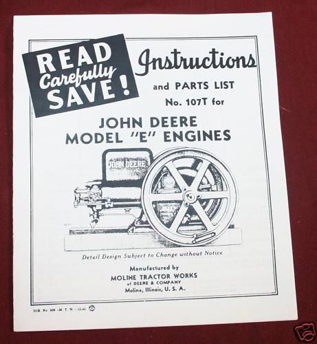 John deere e hit &amp; miss engine parts list instructions for sale