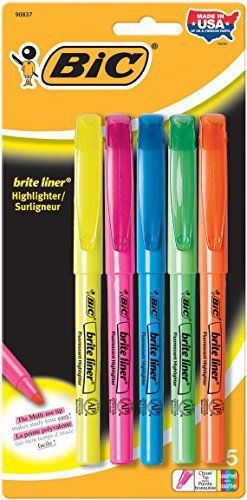 BIC Brite Liner Highlighter, Chisel Tip, Assorted Colors 5-Count Office Pencils