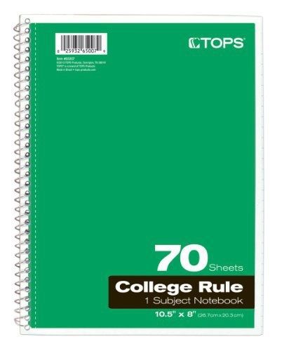 Tops TOPS 1-Subject Spiral Notebooks, College Rule, 10.5 x 8 Inches, 70