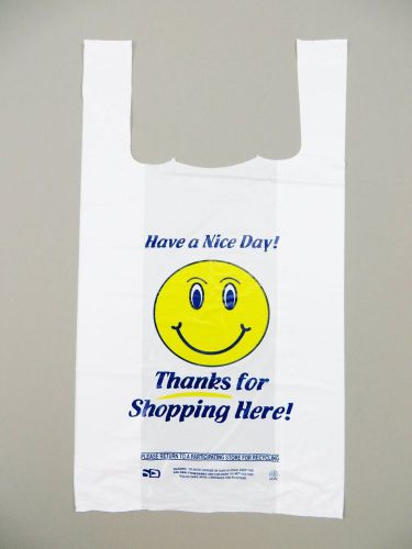 Plastic bag- standard &#039;happy face&#039; print white embossed t-shirt bag 13 mic for sale